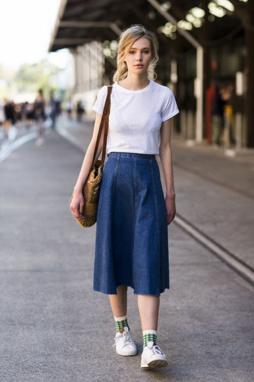 Denim Skirt and Sneakers