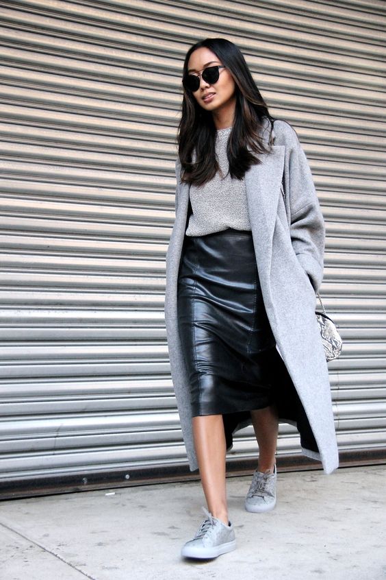 Leather Skirt and Grey Sneakers