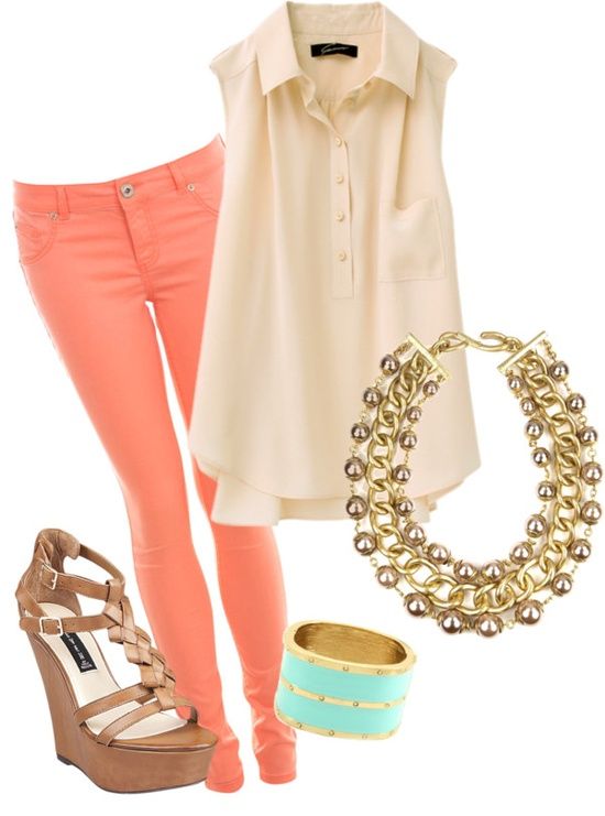 Nude Top, Orange Pants and Wedges