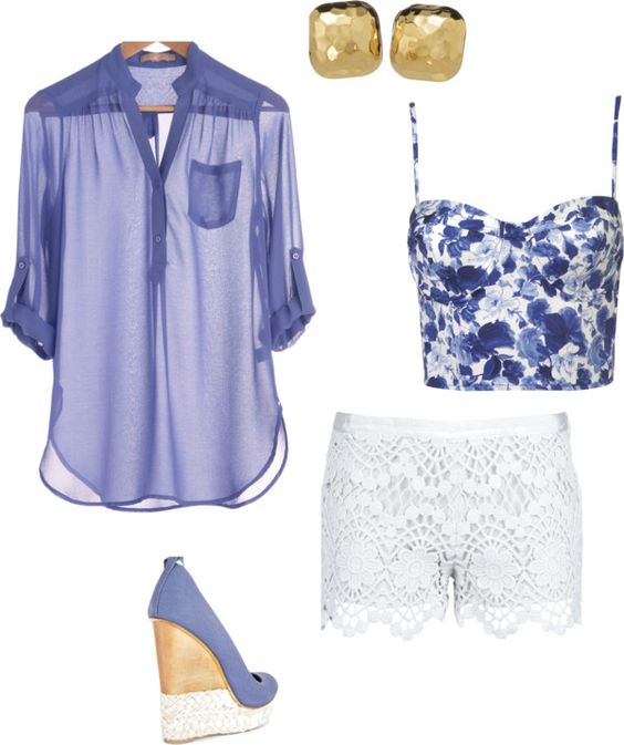 Stretchy Shirt, Lace Shorts and Wedges