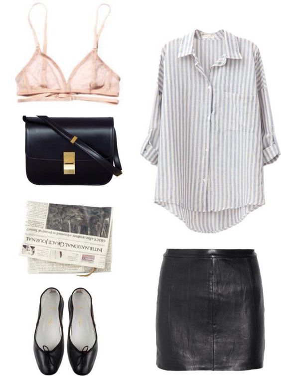 Striped Shirt, Black Skirt and Black Flats