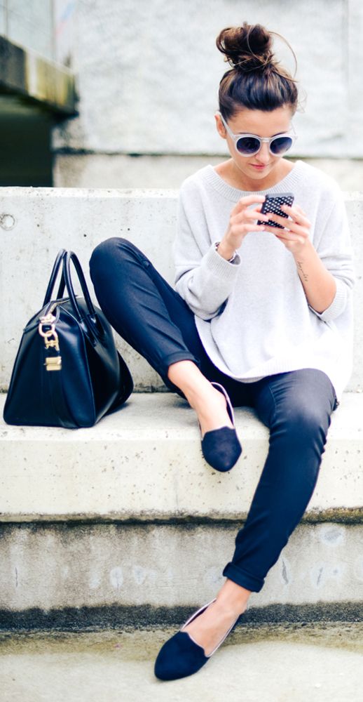 White Top, Black Pants and Black Flats