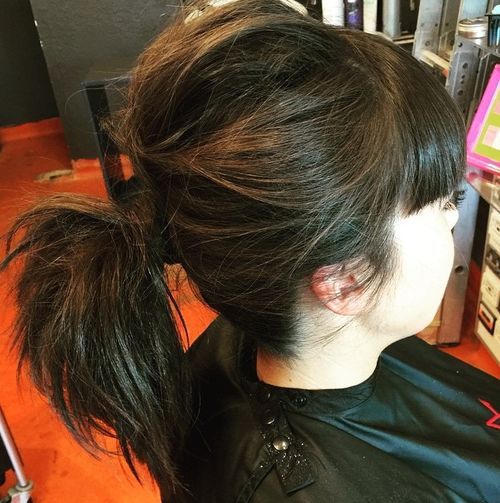 Black Ponytail with Blunt Bangs