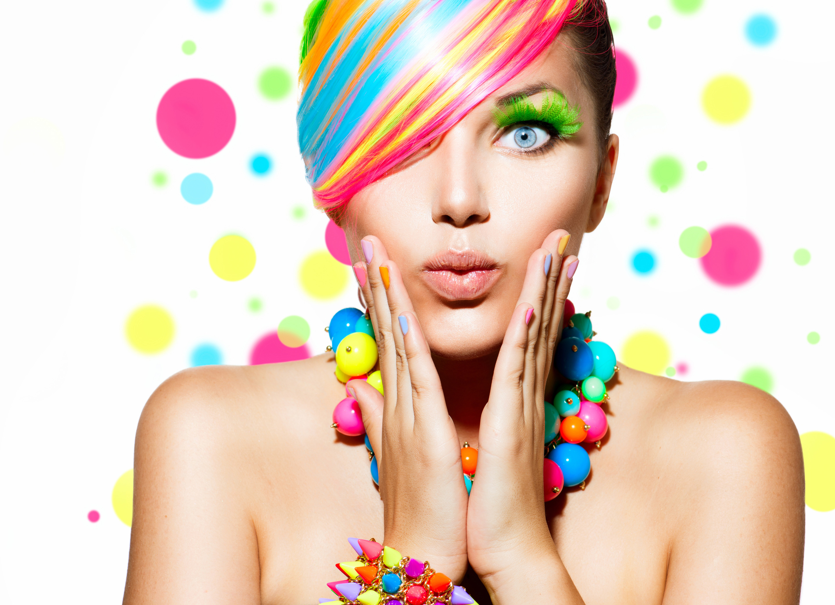 Beauty Girl Portrait with Colorful Makeup, Hair and Accessories