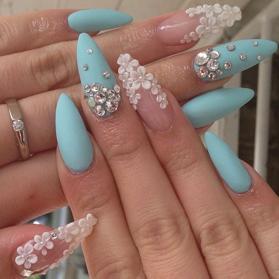Blue Nails with Flowers via