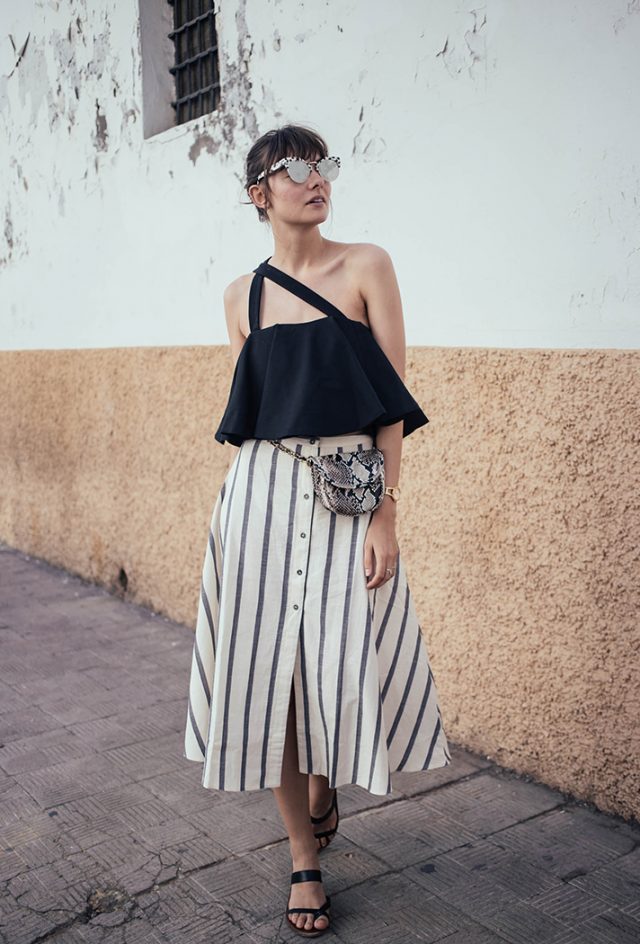 Button-up Striped Long Skirt via