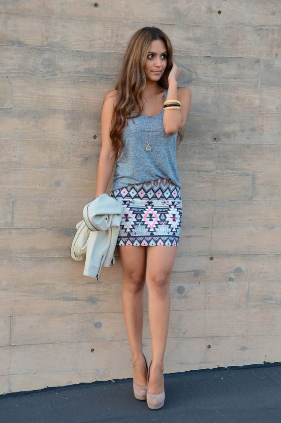 Grey Tank Top and Patterned Mini Skirt via