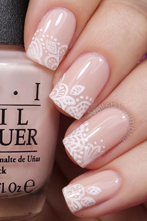 Pink Nails with White Patterns via