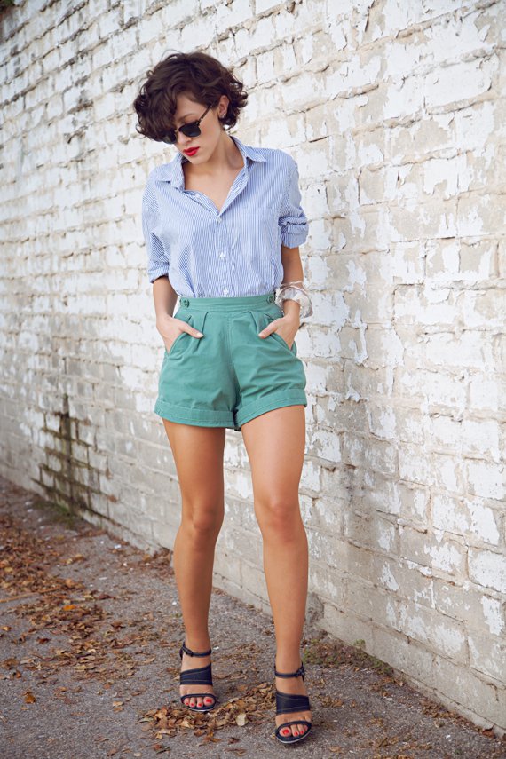 Strappy Shirt and Green Shorts via