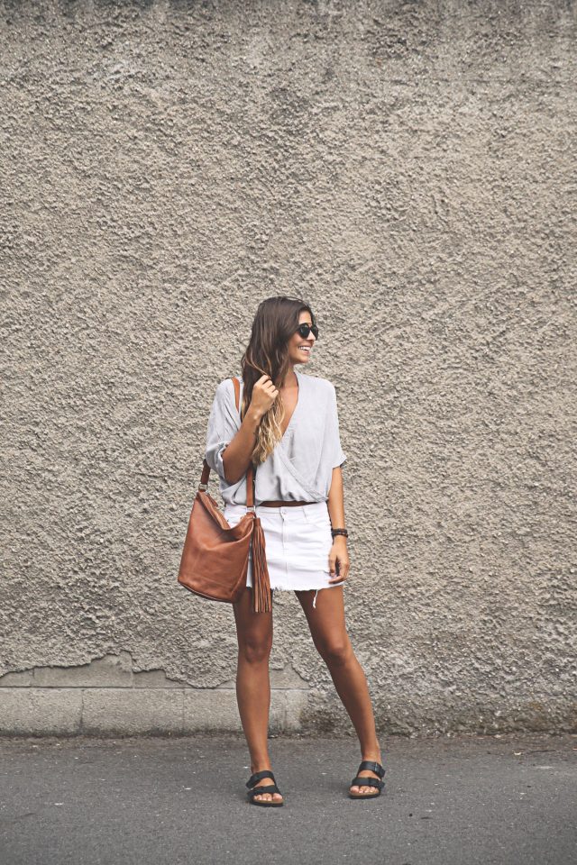 V-neck Top and White Mini Skirt via