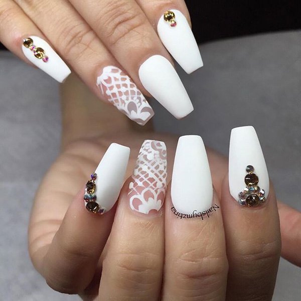 White Nails with Gems via