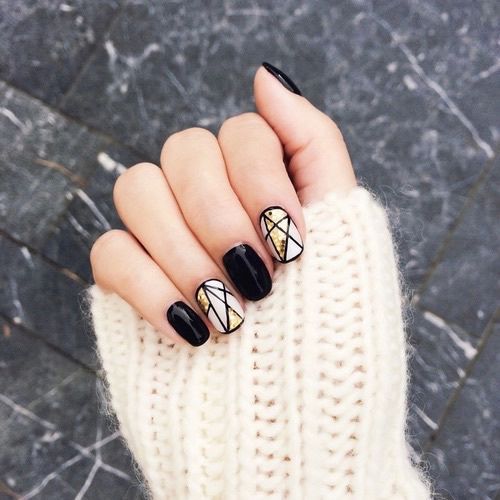 Black, Golden and White Nails via