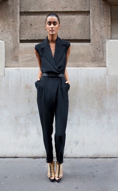 Black Jumpsuit and Cage Shoes via