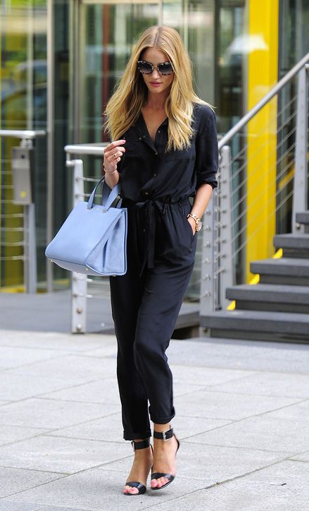 Black Jumpsuit with Blue Handbag via