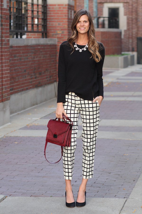 Black Top and Tartan Cropped Pants via