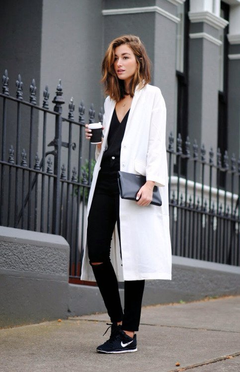 25 Trench Coats To Wear For Early Fall, Black Trench Coat White Dress