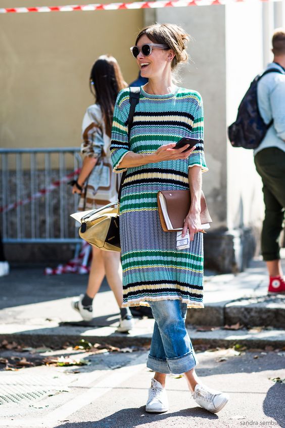 Block Knit Dress, Rolled Jeans and White Shoes via