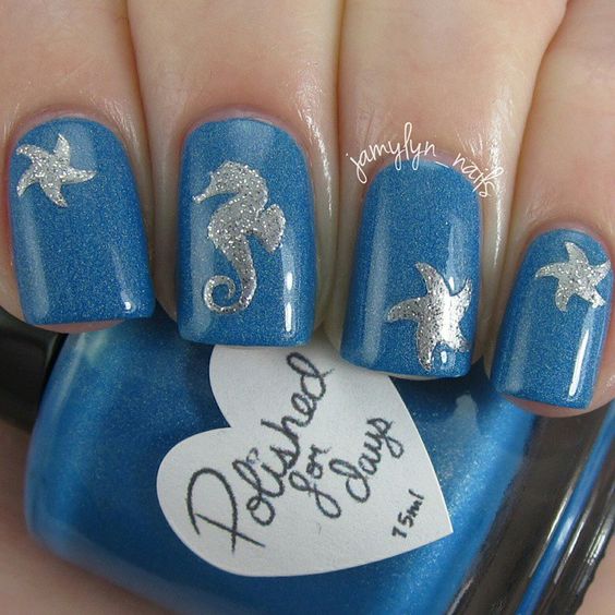 Blue Nails with Sliver Patterns via