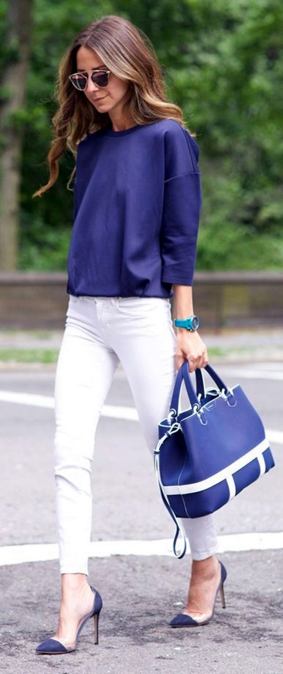 Blue Top and White Pants via