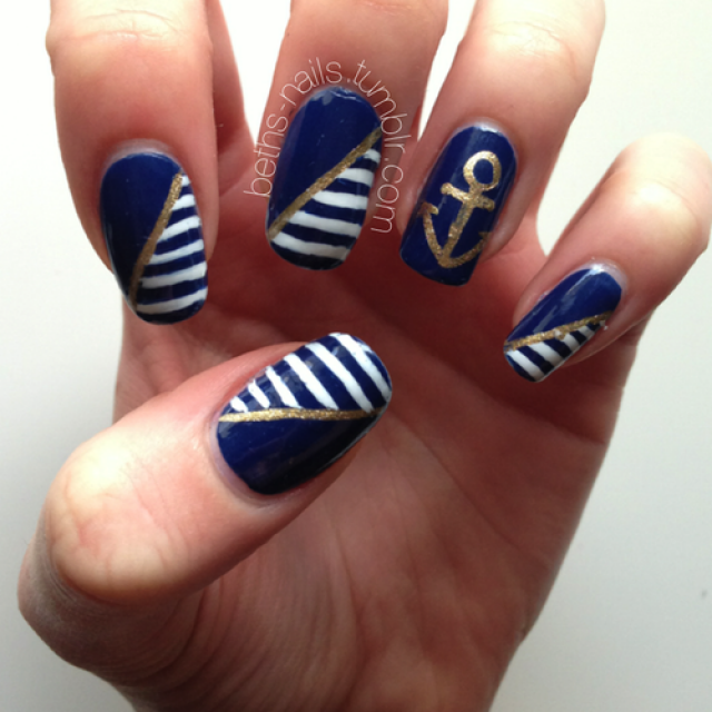 Blue, White and Golden Nails via