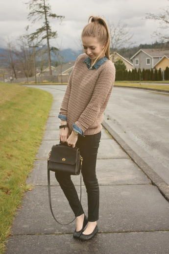 Camel Sweater and Denim Shirt via