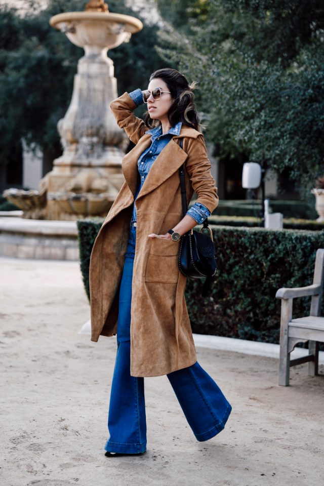 Camel Trench Coat and Blue Outfit via