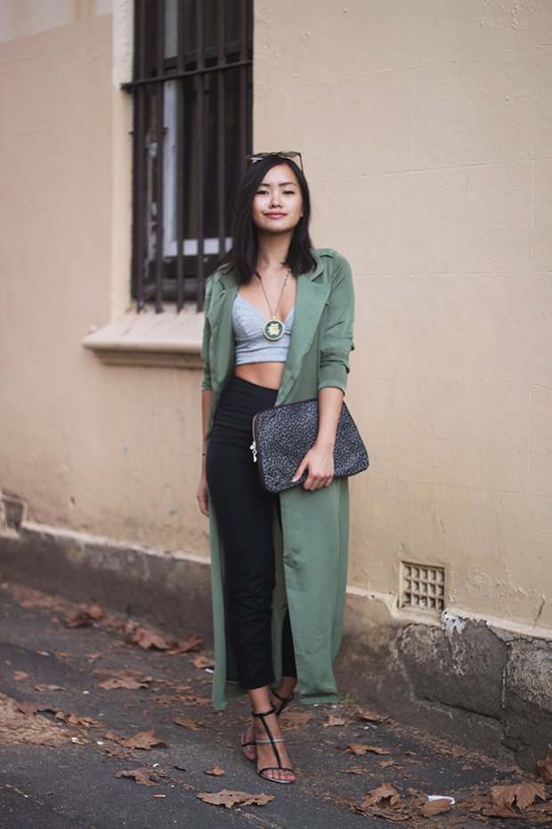 Crop Top, High Waist Pants and Trench Coat via