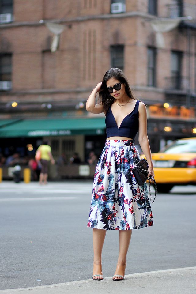 Deep Blue Crop Top and Floral Skirt via