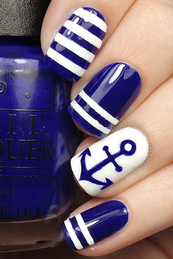 Deep Blue and White Nails via