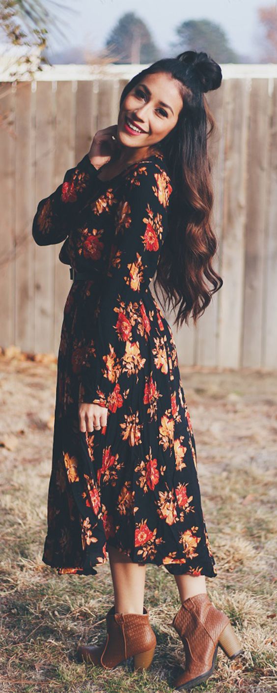 Floral Maxi Dress and Boots via