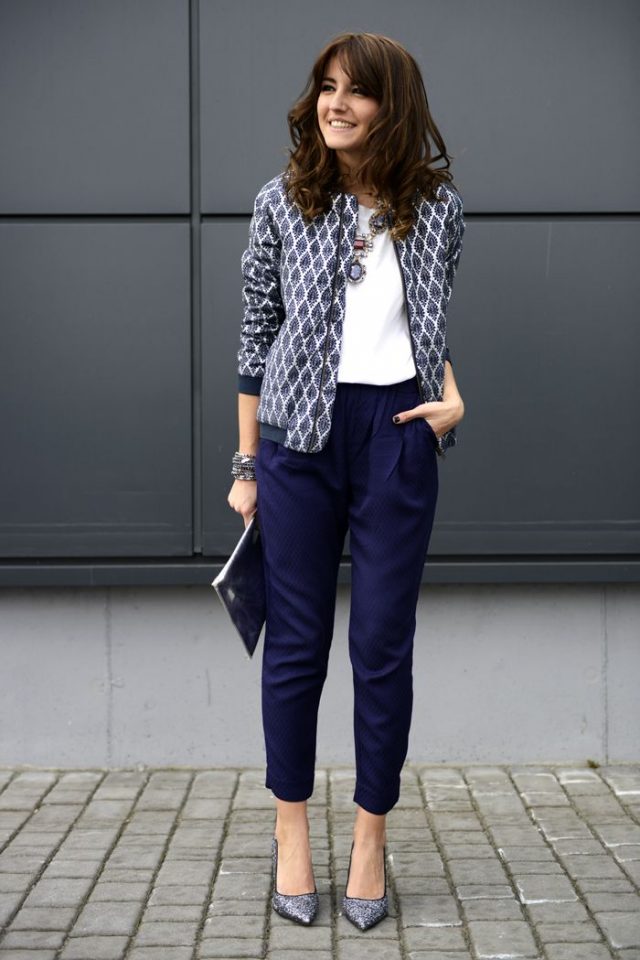 Geometric Top and Deep Blue Pants via