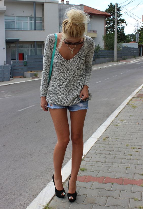 Grey Sweater and Cutout Shorts via