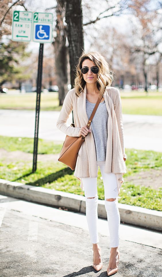 Grey Top, White Pants and Cardigan via