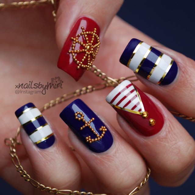 Nautical Nails with Jewels via