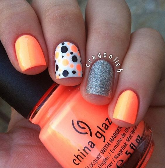 Orange Nails with Dots and Glitter via