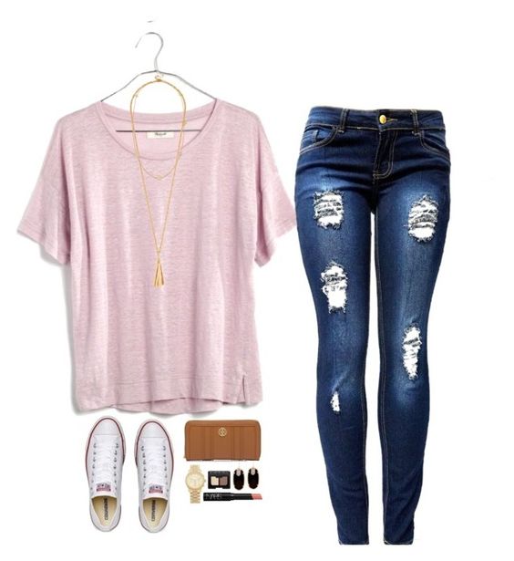 Pink T-shirt, Ripped Jeans and White Sneakers via