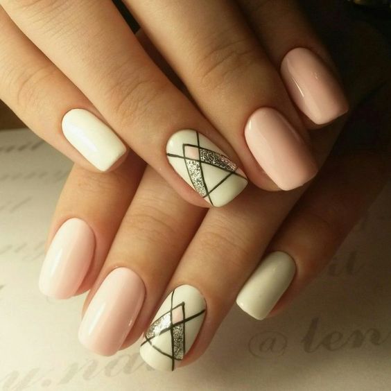 Pink and White Nails with Glitter and Stripes via