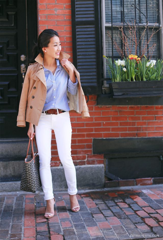 Striped Shirt, White Pants and Nude Jacket via