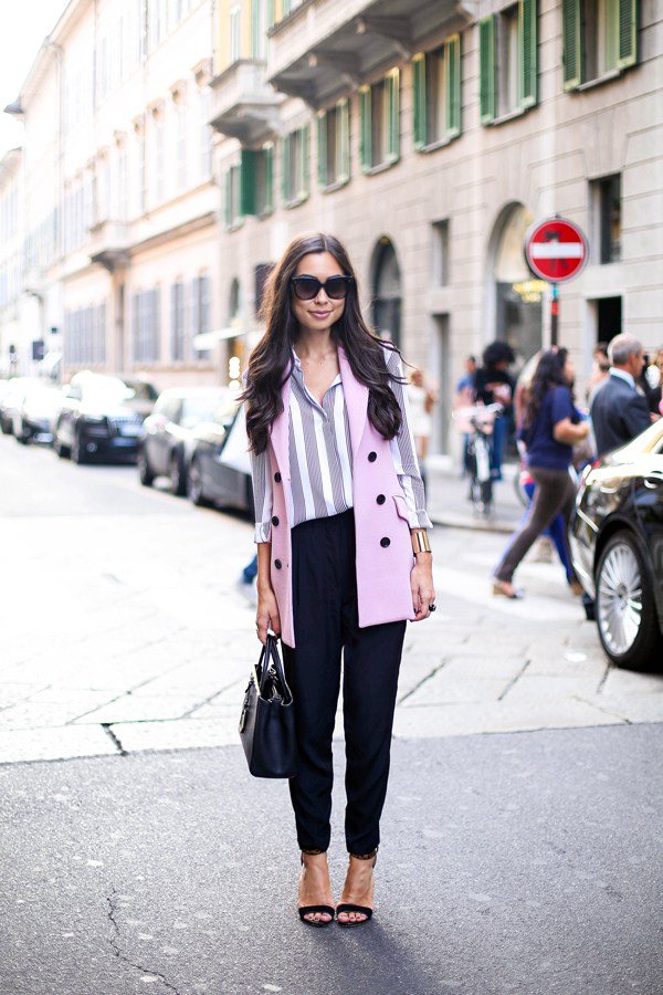 Striped Shirt and Black Cropped Pants via