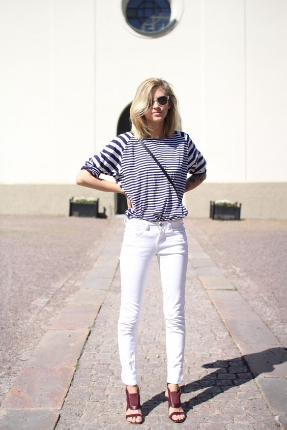Striped T-shirt, White Pants and Red Sandals via