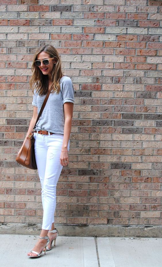 T-shirt, White Pants and Sandals via