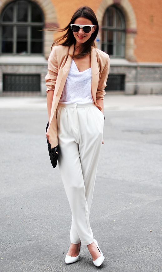 White Outfit and Camel Blazer via