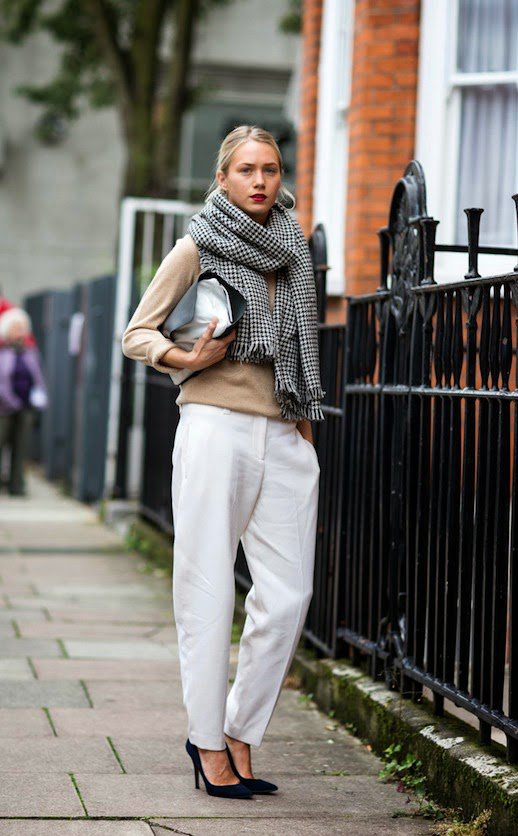 White Pants, Nude Top and Tartan Scarf via