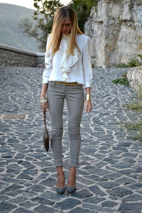 White Shirt and Grey Pants via