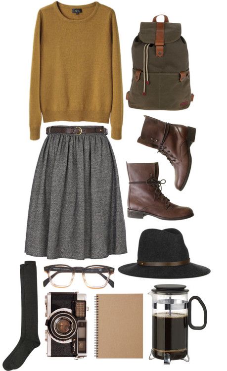 Yellow Sweater and Grey Skirt via