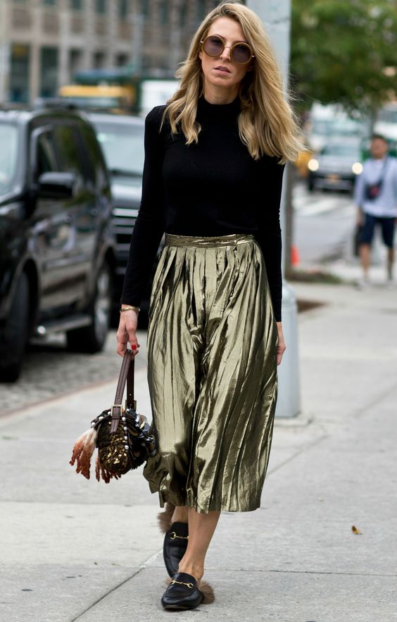 black-long-sleeve-top-and-metallic-skirt via