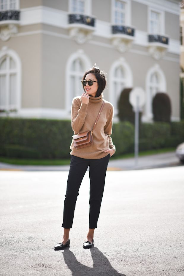 camel-turtleneck-and-black-cropped-pants via