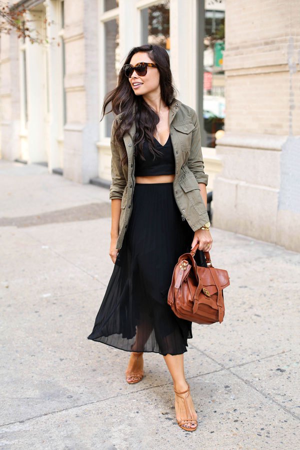 Crop Top, Long Skirt and Khaki Blazer via