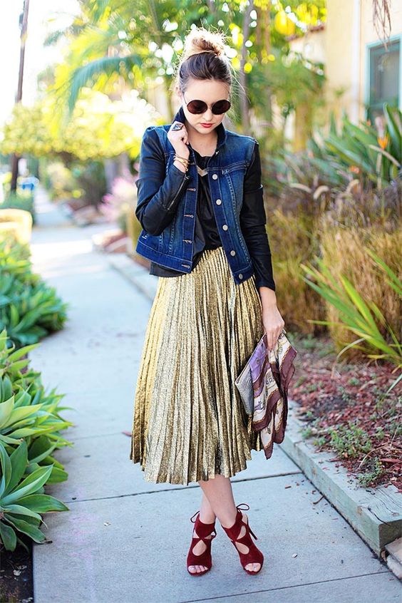 denim-jacket-and-metallic-skirt via