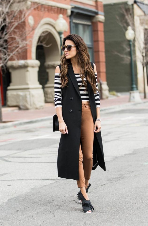 off-shoulder-top-camel-pants-and-black-long-vest via